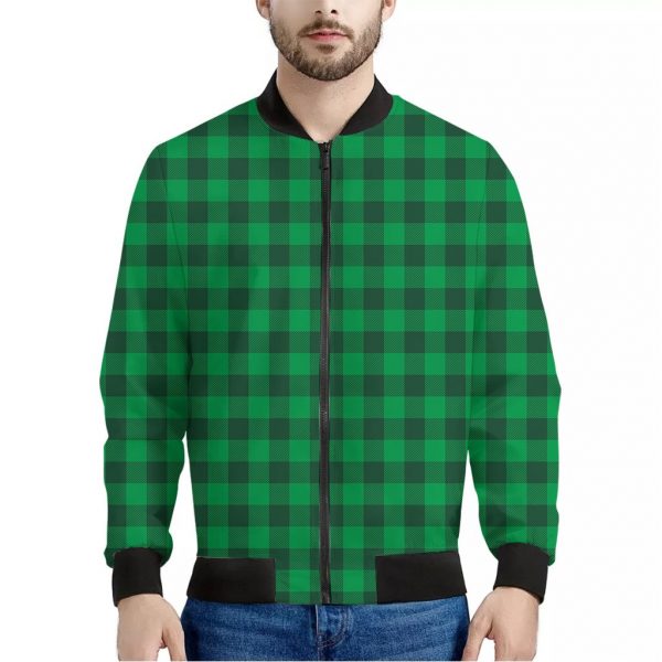 Irish Green Buffalo Check Pattern Print Bomber Jacket