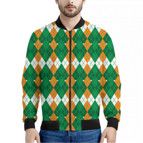Irish Themed Argyle Pattern Print Bomber Jacket