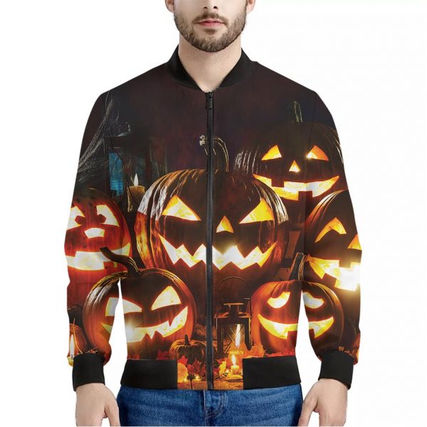 Jack-O'-Lantern Halloween Pumpkin Print Bomber Jacket