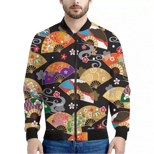 Japanese Hand Fan Pattern Print Bomber Jacket