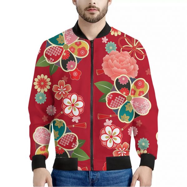 Japanese Kimono Pattern Print Bomber Jacket