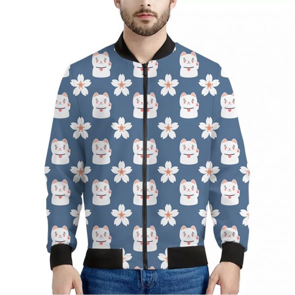 Japanese Lucky Cat And Sakura Print Bomber Jacket