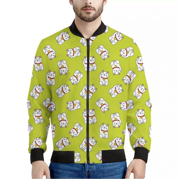 Japanese Lucky Cat Cartoon Print Bomber Jacket