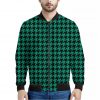 Jungle Green And Black Houndstooth Print Bomber Jacket