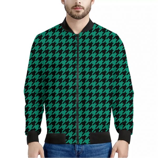 Jungle Green And Black Houndstooth Print Bomber Jacket