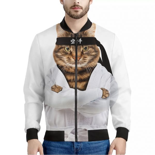 Karate Cat Print Bomber Jacket