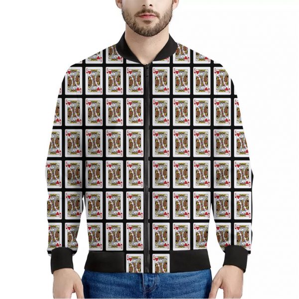 King Of Hearts Playing Card Pattern Print Bomber Jacket