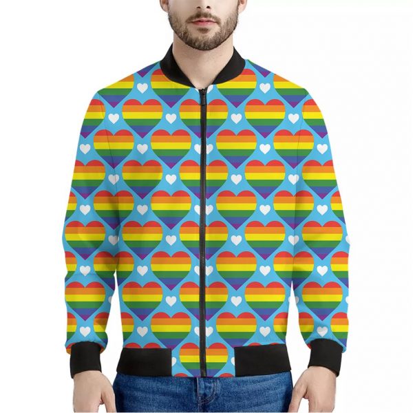 LGBT Pride Rainbow Heart Pattern Print Bomber Jacket