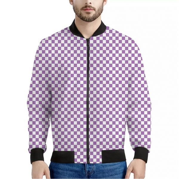 Light Purple And White Checkered Print Bomber Jacket