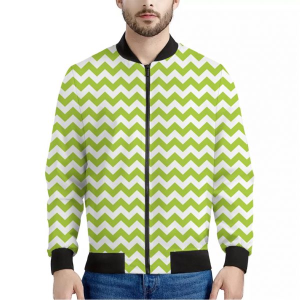 Lime Green And White Chevron Print Bomber Jacket