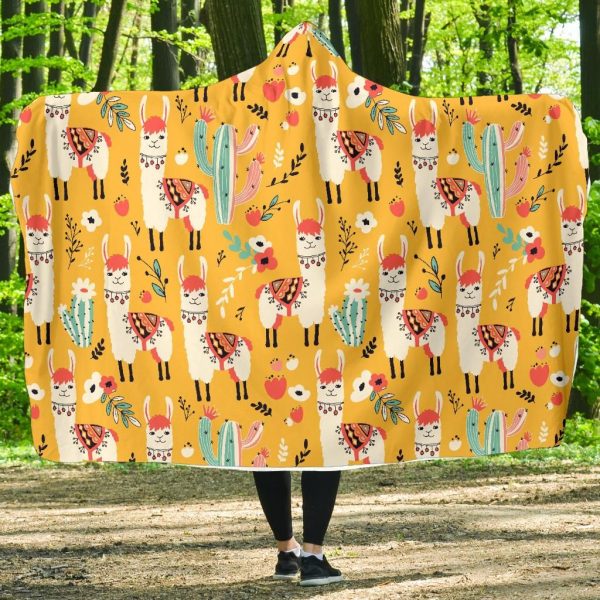 Llama Cactus Pattern Print Hooded Blanket Cloak Blanket