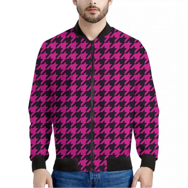 Magenta Pink And Black Houndstooth Print Bomber Jacket