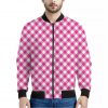 Magenta Pink And White Gingham Print Bomber Jacket