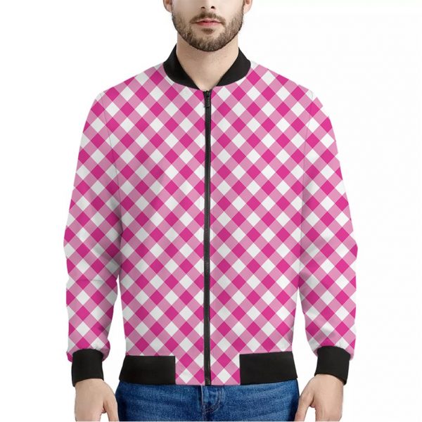 Magenta Pink And White Gingham Print Bomber Jacket