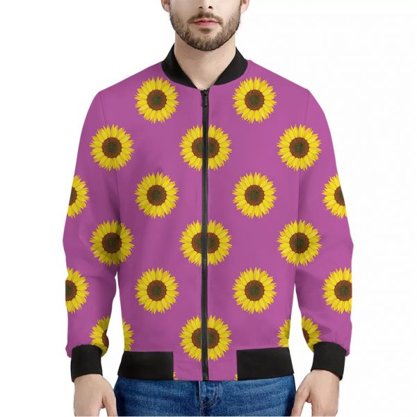 Magenta Pink Sunflower Pattern Print Bomber Jacket