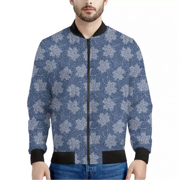 Maple Leaf Denim Jeans Pattern Print Bomber Jacket