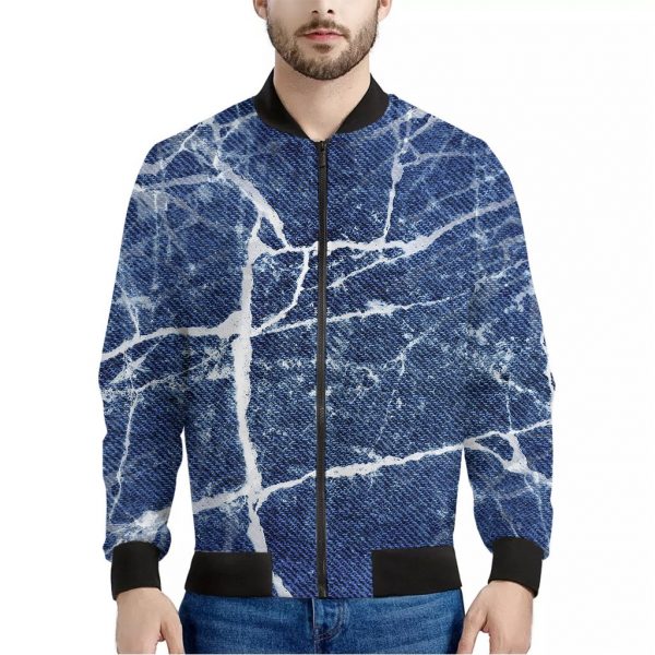 Marble Denim Jeans Pattern Print Bomber Jacket