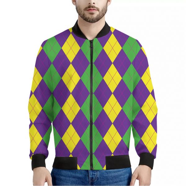 Mardi Gras Argyle Pattern Print Bomber Jacket