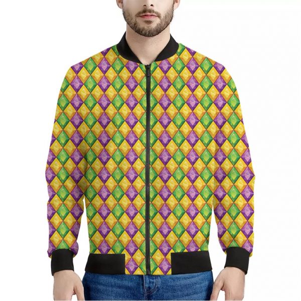 Mardi Gras Diamond Pattern Print Bomber Jacket