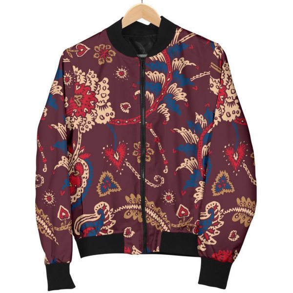 Maroon Vintage Bohemian Floral Print Bomber Jacket