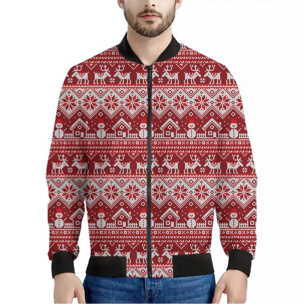 Merry Christmas Knitted Pattern Print Bomber Jacket