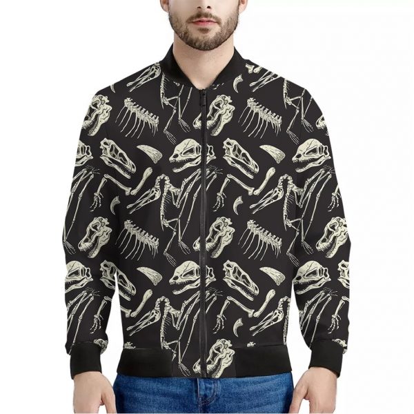 Monochrome Dinosaur Fossil Pattern Print Bomber Jacket