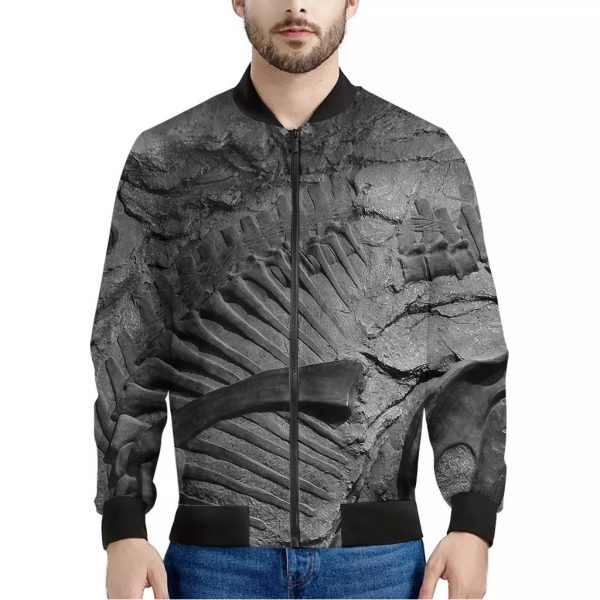 Monochrome Dinosaur Fossil Print Bomber Jacket