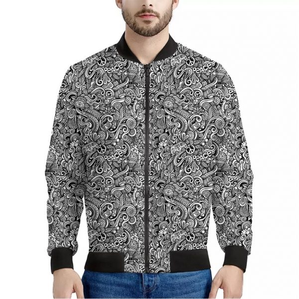 Monochrome Graffiti Hippie Pattern Print Bomber Jacket
