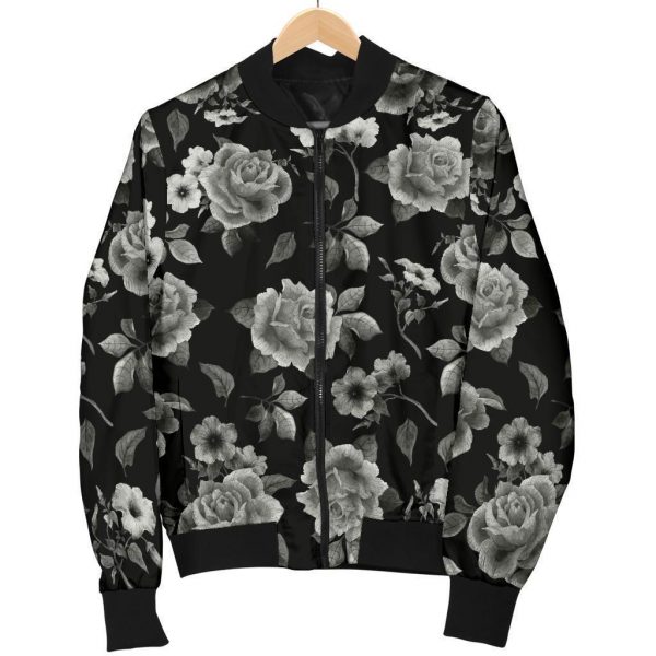 Monochrome Rose Floral Pattern Print Bomber Jacket