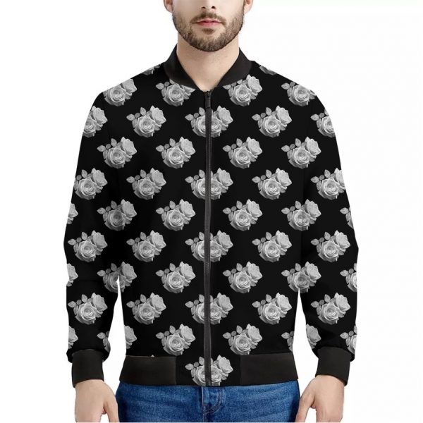 Monochrome Rose Pattern Print Bomber Jacket