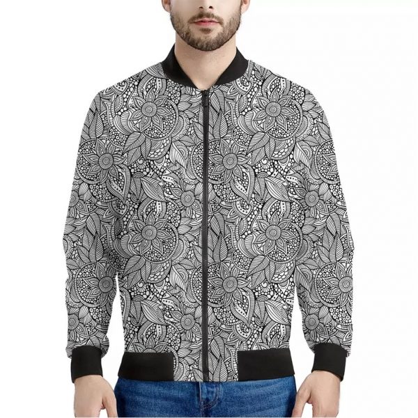 Monochrome Zentangle Pattern Print Bomber Jacket