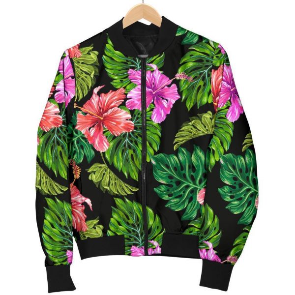 Monstera Hibiscus Hawaii Pattern Print Bomber Jacket