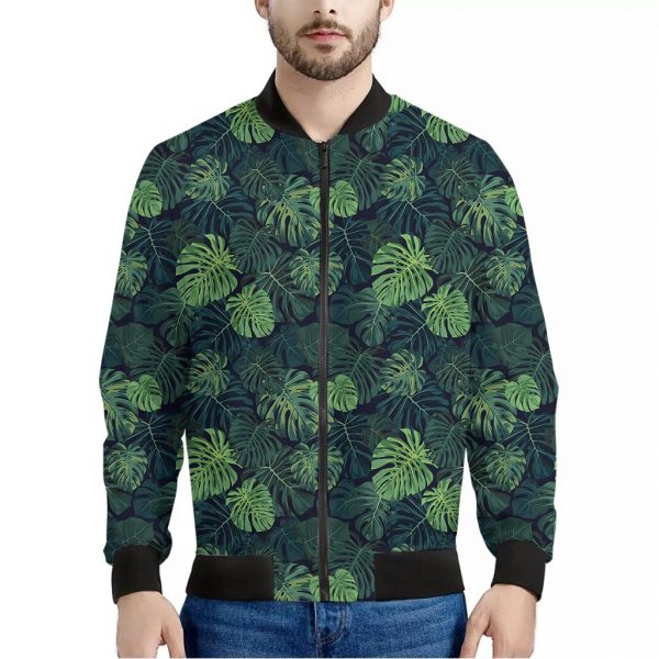 Monstera Palm Leaves Pattern Print Bomber Jacket