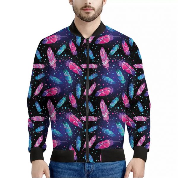 Native Feather Pattern Print Bomber Jacket