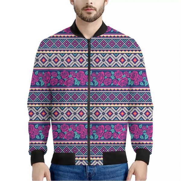 Native Tribal Ethnic Rose Pattern Print Bomber Jacket