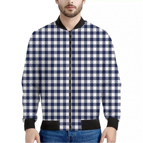 Navy And White Gingham Pattern Print Bomber Jacket