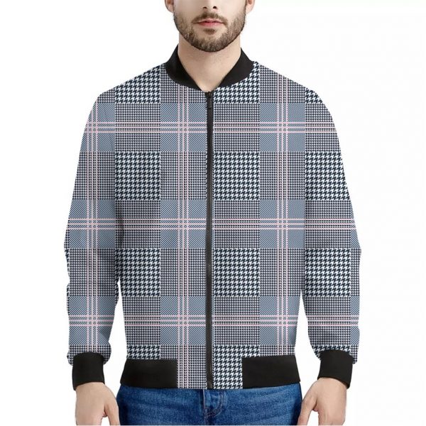 Navy And White Glen Plaid Print Bomber Jacket