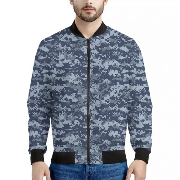 Navy Digital Camo Pattern Print Bomber Jacket