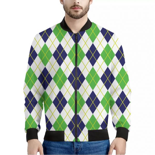 Navy Green And White Argyle Print Bomber Jacket