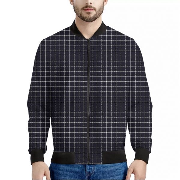 Navy Tattersall Pattern Print Bomber Jacket