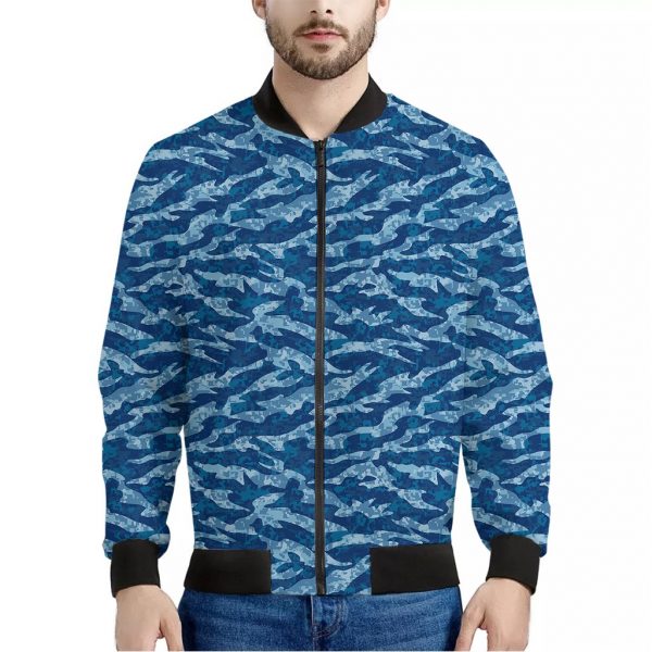 Navy Tiger Stripe Camo Pattern Print Bomber Jacket