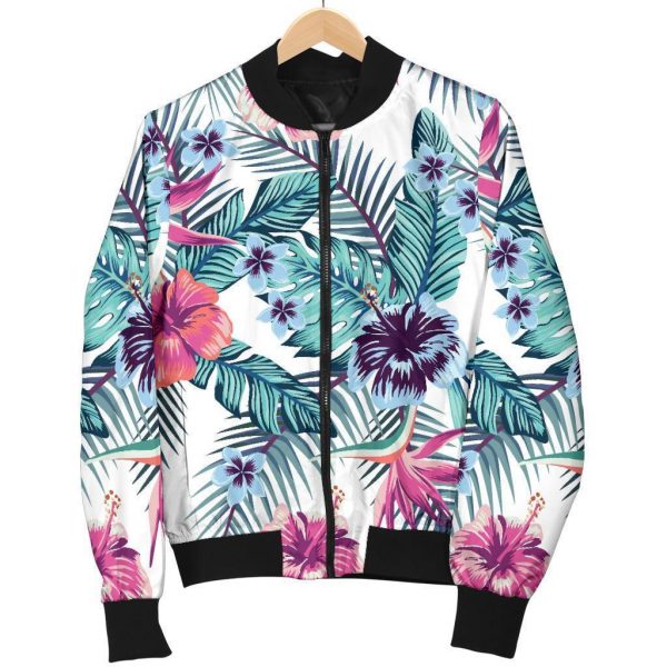 Neon Hibiscus Tropical Pattern Print Bomber Jacket