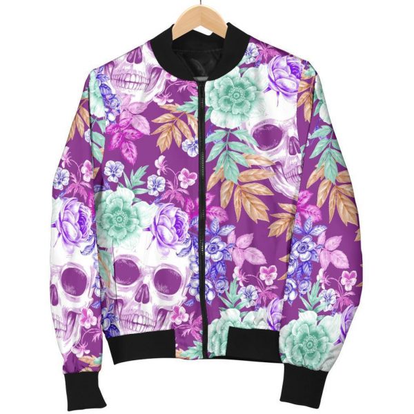 Neon Skull Floral Pattern Print Bomber Jacket