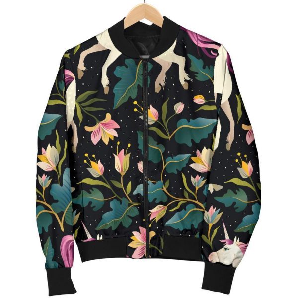Night Floral Unicorn Pattern Print Bomber Jacket