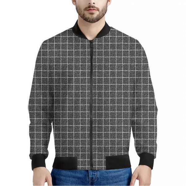Noisy Windowpane Pattern Print Bomber Jacket