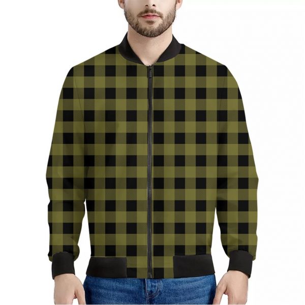 Olive Green Buffalo Check Pattern Print Bomber Jacket