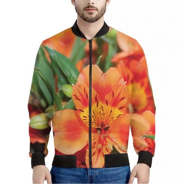 Orange Alstroemeria Print Bomber Jacket