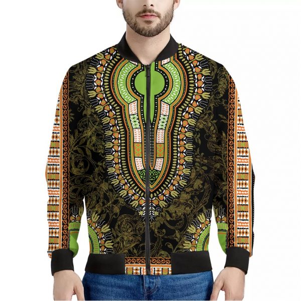 Orange And Black African Dashiki Print Bomber Jacket