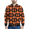 Orange And Black Halloween Argyle Print Bomber Jacket