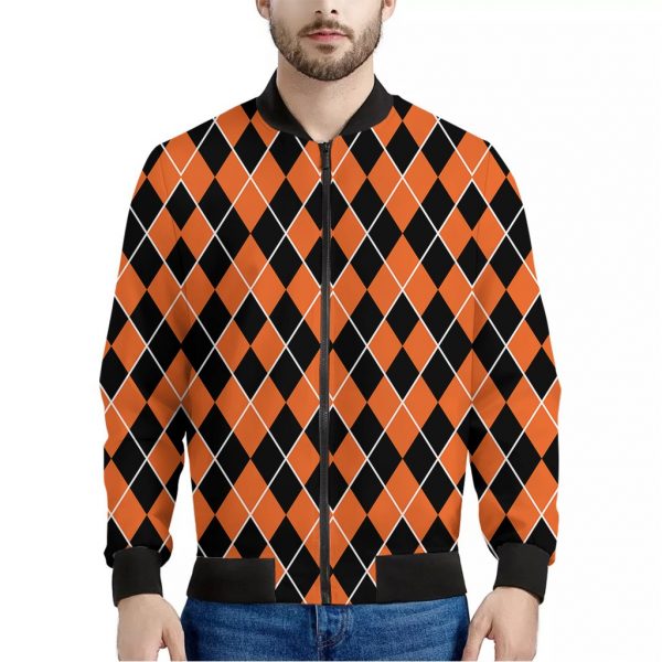 Orange And Black Halloween Argyle Print Bomber Jacket